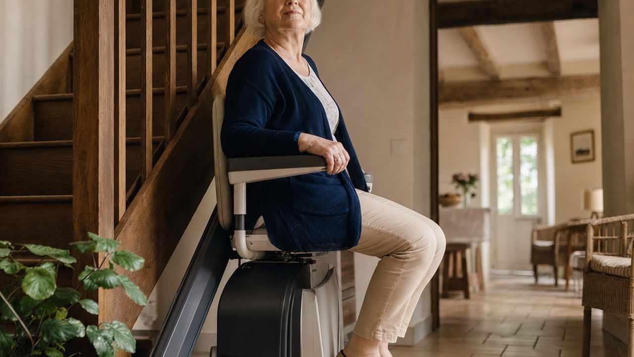 Femme âgée assise sur le siège d'un monte-escalier installé le long d'un escalier en bois, dans une maison de campagne