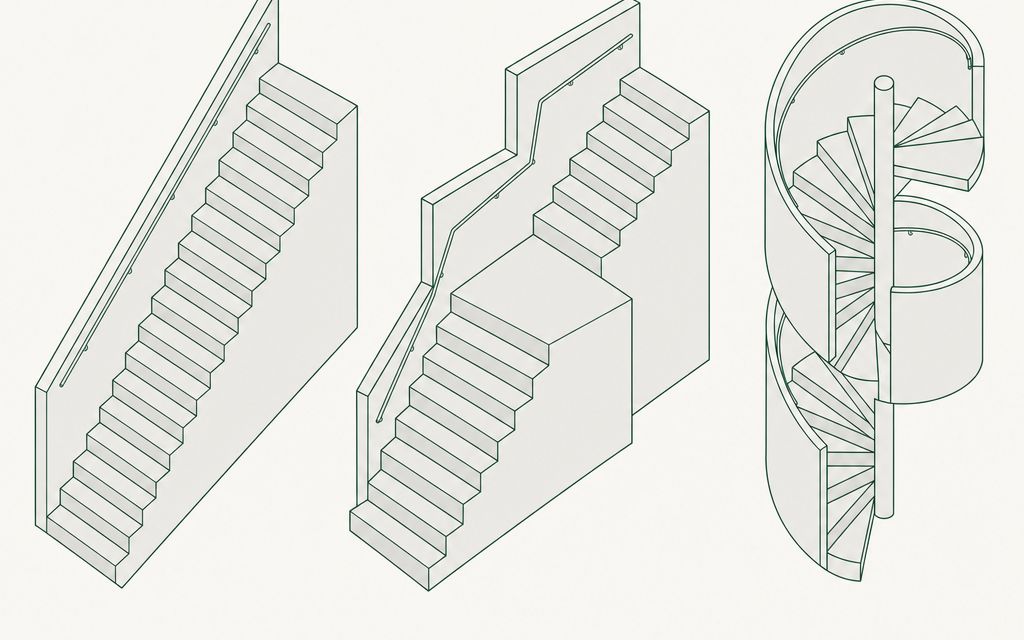 Schéma isométrique comparant trois escaliers d'intérieur : un escalier droit, un escalier quart tournant avec palier intermédiaire, et un escalier hélicoïdal en colimaçon